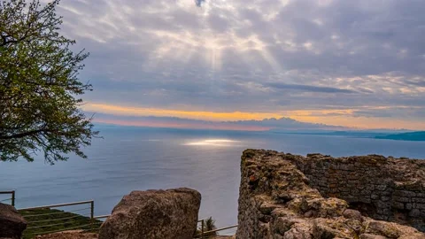 Sunset Clouds Time Lapse Over the Sea from Temple of Athena in Assos. Stock Footage 147059648