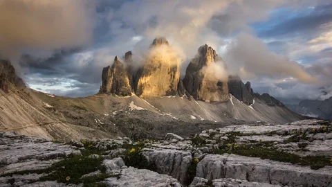 Sunset clouds timelapse over Tre Cime Lavaredo, South Tyrol, Italy, Europe Stock Footage 93164336