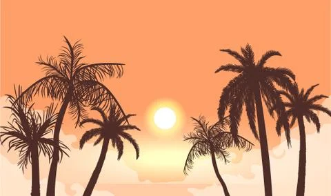 Sunset in cloudy haze silhouettes of palm trees. Tropical beach in orange fog イラスト素材
