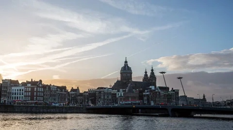 Sunset with cloudy Sky and town near main station with city life Stock-Footage 48617785