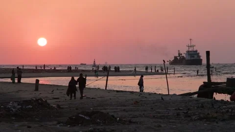 Sunset on the coast and ship Stock Footage 147554514