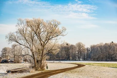 Sunset in a cold white winter day landscape. Road through rural area frosted  Stock Photos
