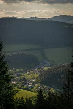Sunset color evening view old ski slope Lietavska Svinna Slovakia 05 21 2026 写真素材