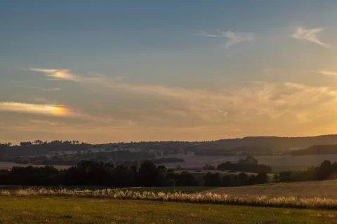 Sunset color sky view for fields in summer evening near Slavonice town Stock-Fotos
