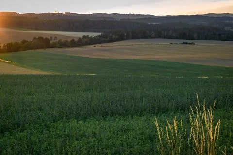 Sunset color sky view for fields in summer evening near Slavonice town Stock-Fotos