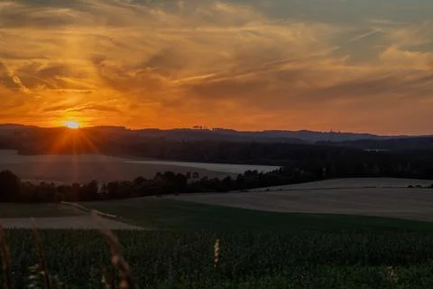 Sunset color sky view for fields in summer evening near Slavonice town Stock-Fotos