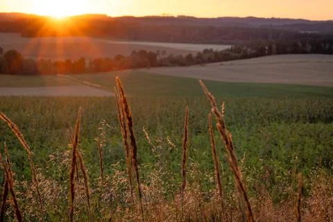 Sunset color sky view for fields in summer evening near Slavonice town Stock-Fotos