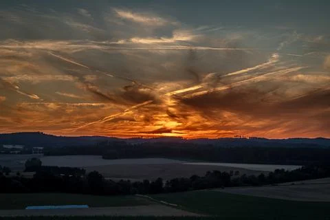 Sunset color sky view for fields in summer evening near Slavonice town Stock-Fotos