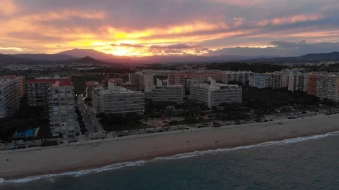 Sunset Costa Brava Blanes Aerial view Stock Footage 113457987