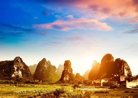 Sunset in the countryside landscape Stock Photos