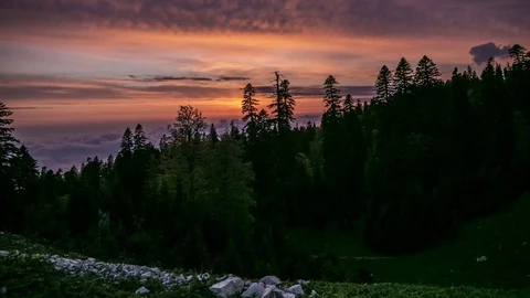Sunset crane jib timelapse. Summer highlands. Pine forest. Boiling clouds Stock-Footage 83766558
