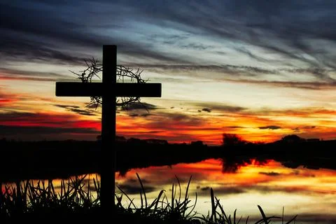 Sunset Cross and Crown of Thorns Reflection Waters Stock Photos
