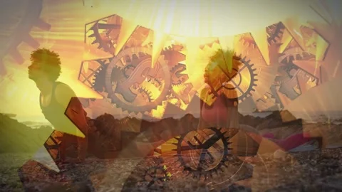 Sunset cueing couple to stretch on beach, rising into cobra, gears moving over Stock Footage 334351760