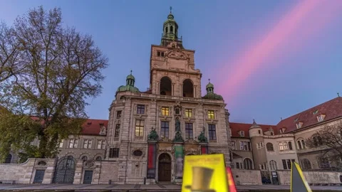 Sunset day to night hyperlapse of Bavarian National Museum, Munich, Germany 4K 스톡 동영상 222924571