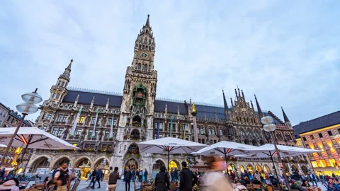 Sunset day to night hyperlapse of tourists at the Marienplatz street in Munich Stock Footage 222925956