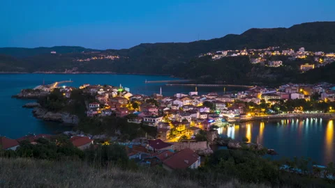 Sunset (day) to night timelapse of Amasra, Bartin Province, Turkey Stock Footage 143869902