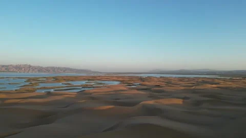 Sunset of Desert Oasis, Hot Summer, North China, Drone Aerial View, 4K Video stock 252031131