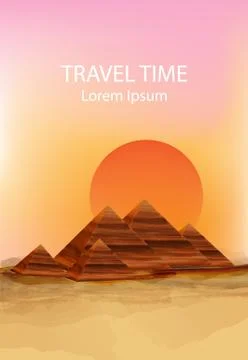 Sunset in the dessert Vector background. Hot summer sun over pyramids illustr Stock Illustration