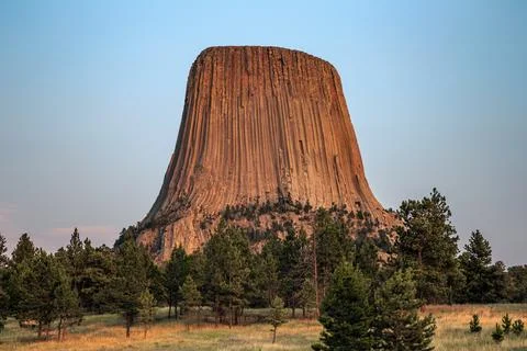 Sunset on Devils Tower Rising in the Distance, Devils Tower National Monument Stock Photos
