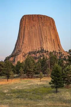 Sunset on Devils Tower Rising in the Distance, Devils Tower National Monument Stock Photos