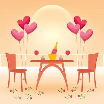 Sunset dinner with heart balloons. Vector Ilustração Stock