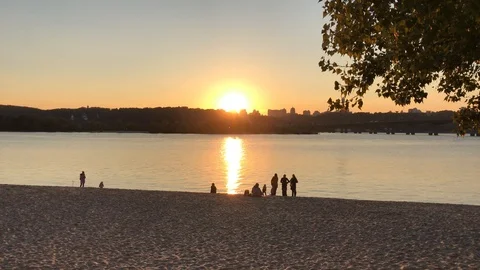 Sunset on Dnepr river. beach Stock Footage 95829451