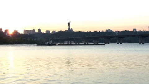 Sunset on Dnepr river. Boat on river. Kyiv Stock Footage 95829591
