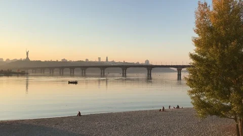 Sunset on Dnepr river. ducks on the river. Stock Footage 97011756