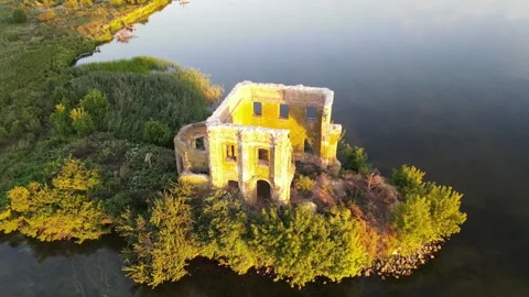 Sunset on the Dnipro river, abandoned church Stock Footage 158480190
