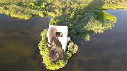 Sunset on the Dnipro river, abandoned church Stock Footage 158480209