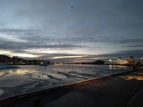Sunset by the docks in the city in the winter Stock Photos