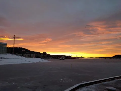 Sunset by the docks in the city in the winter Stock Photos
