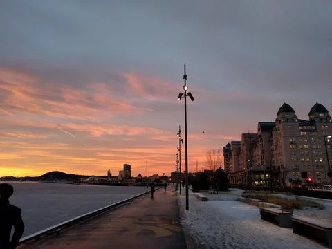 Sunset by the docks in the city in the winter Stock Photos
