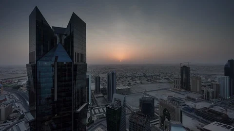 Sunset doha downtown bay construction rooftop view 4k timelapse qatar Stock Footage 87959830