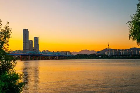 Sunset of Dongjak Bridge and Seoul city with Han River in Seoul, Korea Stock Photos