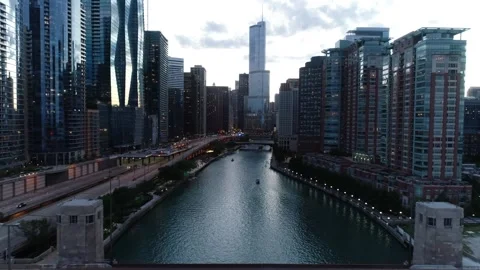 Sunset on Downtown Looking up Chicago River Illinois Drone Aerial View Stock Footage 150238663