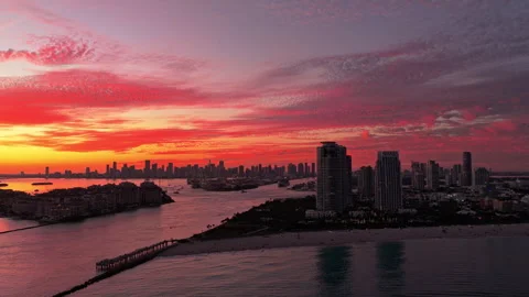 Sunset dramatic sky Miami city. Seascape with cityscape on sunset. Night Stock Footage 345751193
