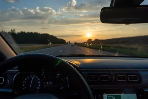 Sunset Drive on an Open Highway Stock Photos