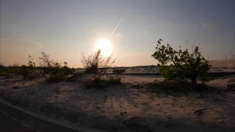 Sunset Driver POV Moving On Straight Road Past Sand Dunes Stock Footage 337605234