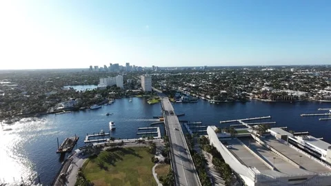 Sunset Drone 4K Miami Las Olas Ft Lauderdale Boat Harbor Bridge Movie Scene Stock Footage 293403108