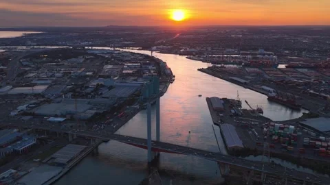 Sunset Drone Flight Over Bolte Bridge Toward Melbourne Docks and Footscray Stock Footage 325421350