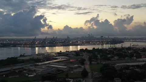 Sunset Drone Flight towards City of Philadelphia and Delaware River Stock Footage 137363400