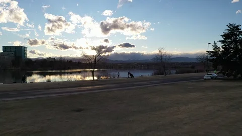 Sunset Drone Fly By at Sloans Lake Stock Footage 127302402