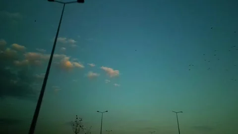 At sunset, a drone flying with crows over the road 動画素材 294815298