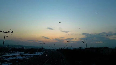 At sunset, a drone flying with crows over the road 動画素材 294823899