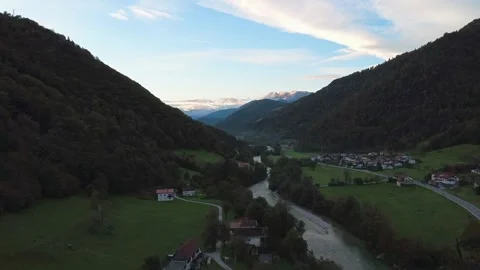 Sunset Drone Footage over Slap ob Idrijci and Mountain Landscape, Slovenia Stock Footage 321537637