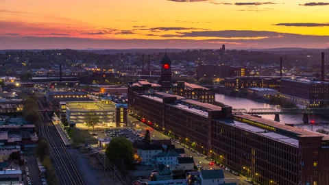 Sunset Drone Hyperlapse of Ayer Mill Clock Tower in Lawrence Massachusetts Stock Footage 277915148