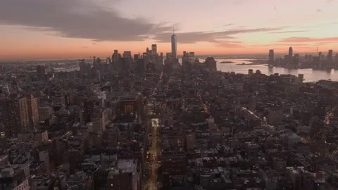 Sunset, Drone New York City, Manhattan, Aerial, Cinematic, 4k