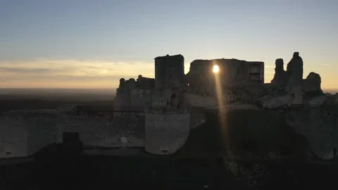 Sunset drone over Puebla de Almenara castle ruins, Spain Stock Footage 325482149