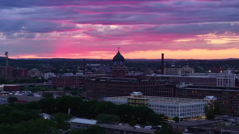 Sunset Drone Shot of Ayer Mill Clock Tower in Lawrence Massachusetts Stock Footage 277915095